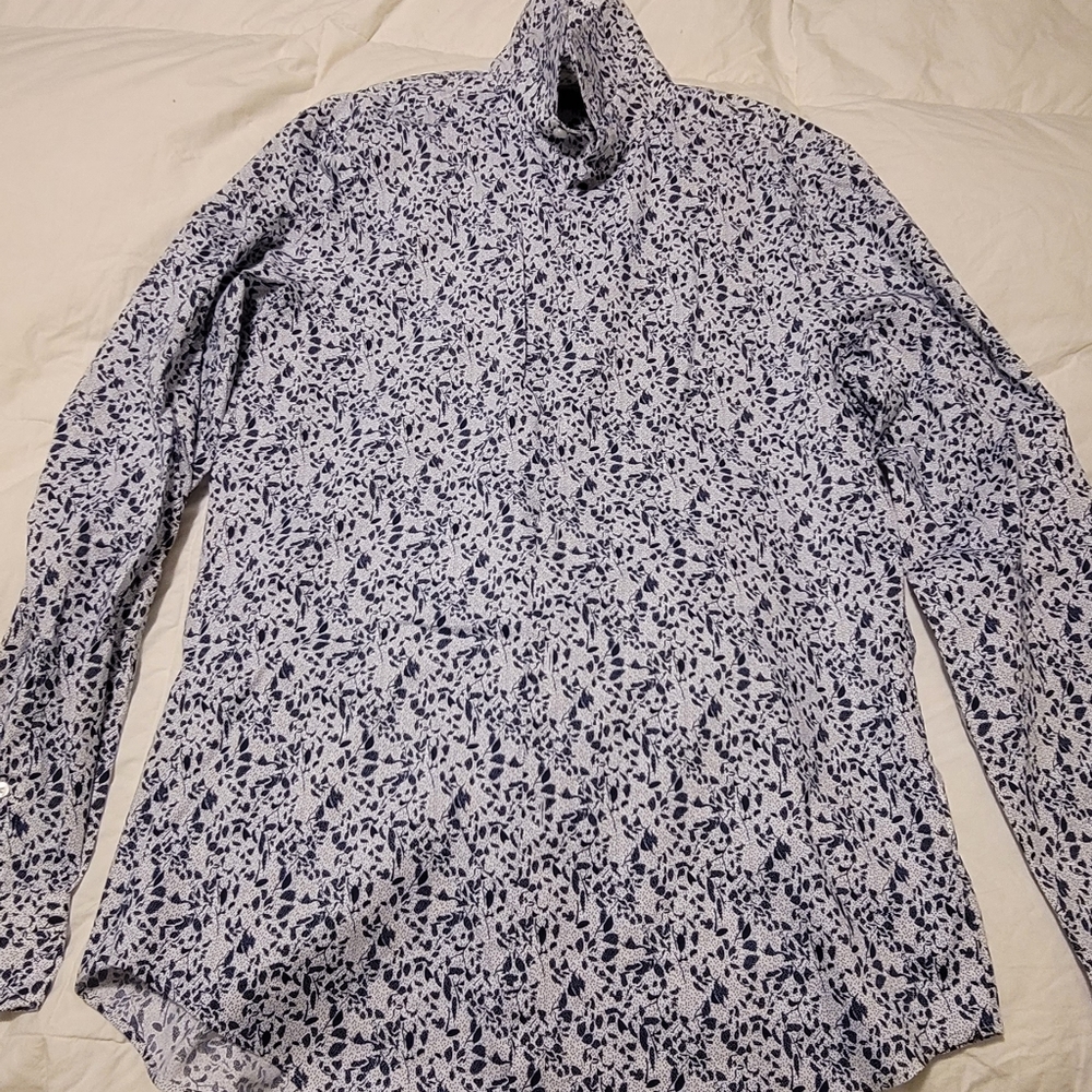 Van Heusen Floral Print Button-Up Shirt Men’s Large | Blue White | Excellent